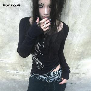 Karrcat 그런지 미학 버튼 탑 Trashy Y2k 문신 프린트 티셔츠 빈티지 고딕 블랙 불규칙 티셔츠 American Retro