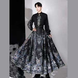중국어 Hanfu 커플 세트 현대 남여 골드 짠 자수 말 얼굴 스커트 전통 축제 사진 데일리웨어