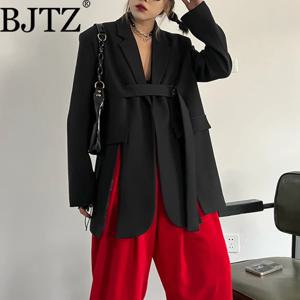 BJTZ 2025 캐주얼 패션 봄 여름 신상 시크 스타일리시 블레이저 리본 디자인과 슬릿이 있는 여성용 우아한 아우터