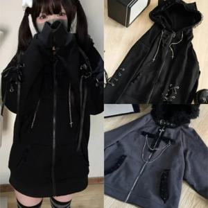 여성 Y2K 미학 고양이 귀 후드 스웨트셔츠 일본 패션 그런지 붕대 지퍼 후디 카와이 캐주얼 스트리트웨어 코트 신상품