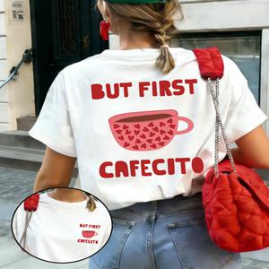 But First Cafecito 커피 그래픽 티셔츠 여성 여름 하라주쿠 카와이 하트 컵 프린트 크루넥 짧은 데일리 베이직 패션 탑