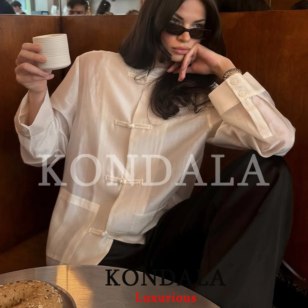 KONDALA 캐주얼 시크 여성 블라우스 솔리드 오 넥 싱글 브레스트 긴 소매 포켓 루즈 셔츠 패션 2026 여름 휴가 블라우스