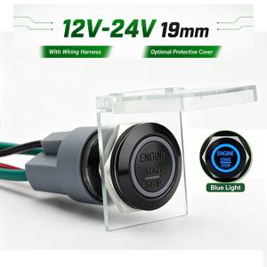19mm 블랙 점화 스타터 푸시 버튼 엔진 시동/정지 스위치 12V-24V 블루 LED 순간 작동 셀프 리셋 (하네스 및 옵션 캡 포함)