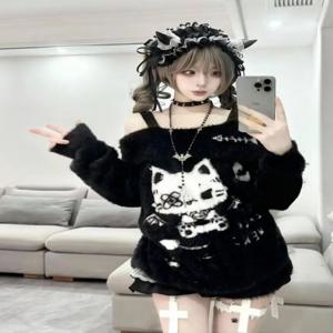 카와이 캣 원숄더 블랙 스웨터 여성 오프숄더 롱 그래픽 니트 탑 가을 풀오버 턴 칼라 니트웨어