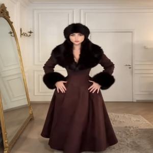 여성 우아한 롱 울 블렌드 코트 인조 퍼 빅 칼라 커프스 허리 조절 플레어 A라인 맥시 코트 레트로 파티 아우터 오버코트