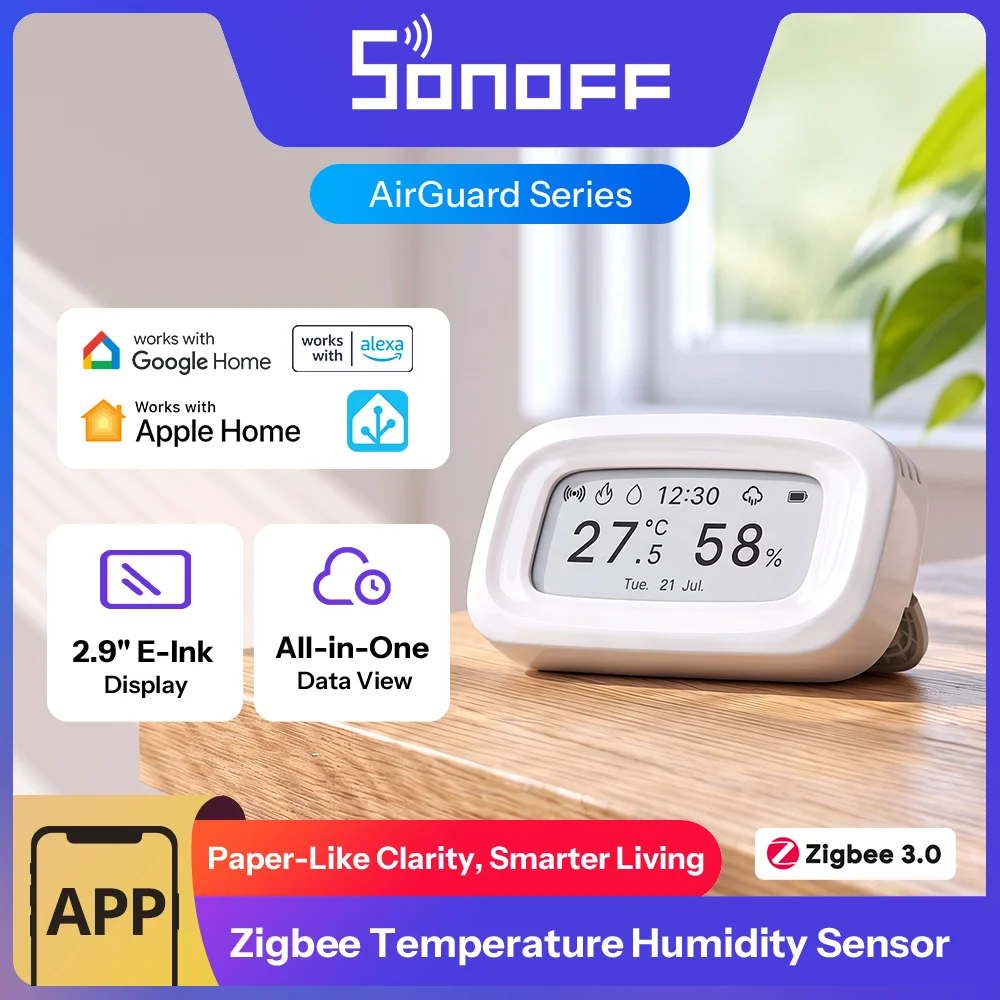 SONOFF E-Ink 지그비 온도 및 습도 센서, 2.9인치 화면, 에어가드 기능, 모델명: SNZB-02UL, 시간, 날씨, 날짜 표시 기능, 알렉사 및 구글과 연동 가능