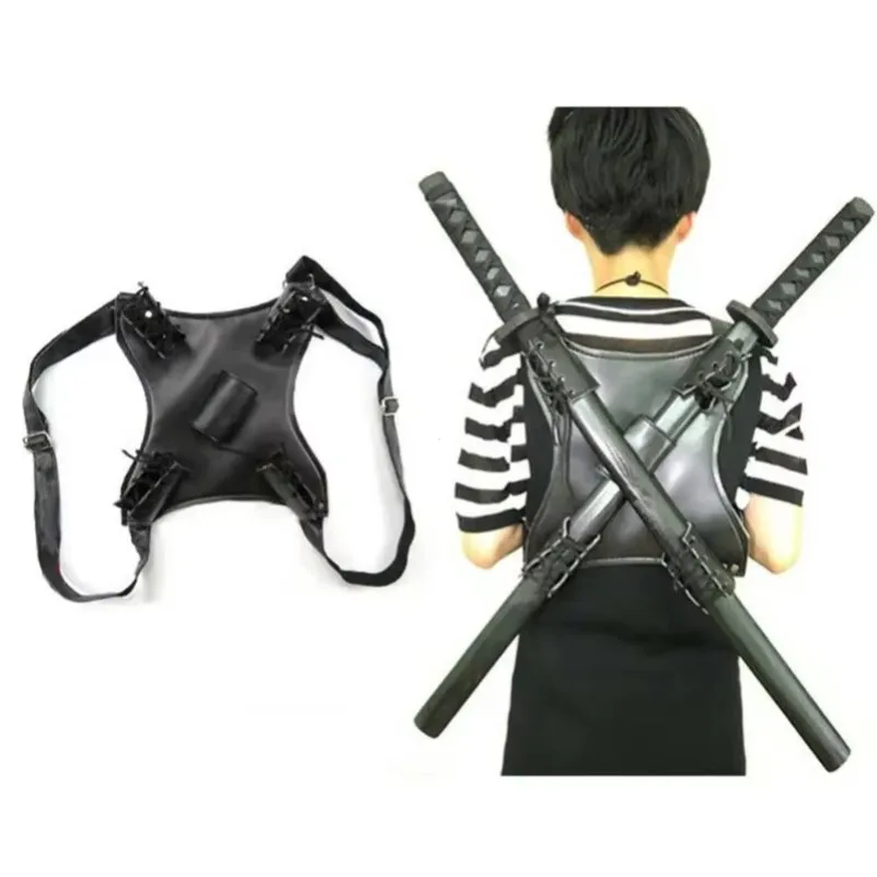 더블 소드 백 하네스, 코스프레 의상용 PU 가죽 소드 홀더 스트랩, 조절 가능한 니ंजा/사무라이 검용 백 케이스