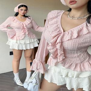 플러스 사이즈 여성 우아한 프렌치 프릴 플레어 슬리브 여성 블라우스 핑크 v 넥 버블 슬리브 스윗하트