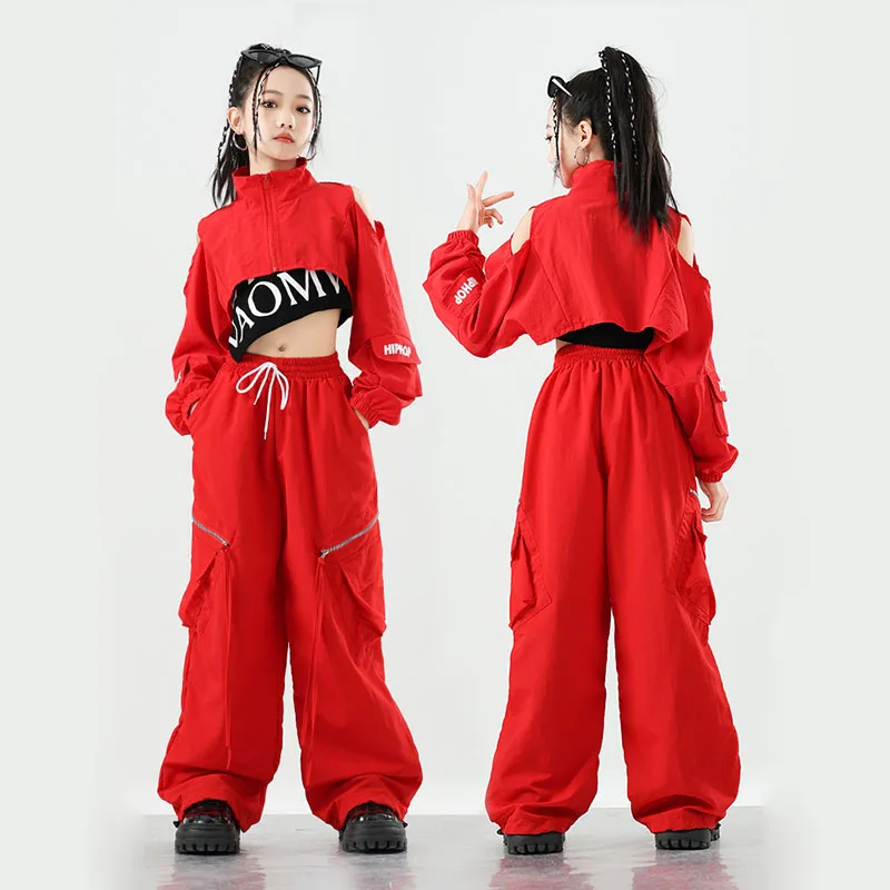 키즈 Kpop 힙합 의류 레드 자르기 자켓 탑 캐주얼 와이드 포켓 지퍼 카고 바지 소녀 소년 재즈 댄스 의상 의류