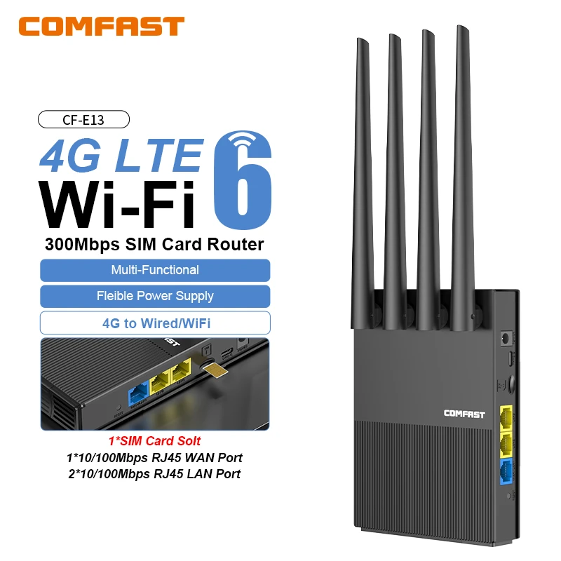 컴패스트 WiFi6 4G LTE Cat.4 SIM 카드 무선 공유기 300Mbps 2.4G 4 안테나 플러그 앤 플레이 야외용 휴대용 인터넷 무선 공유기