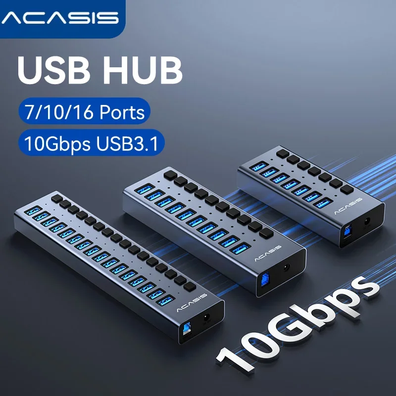 Acasis USB 3.1 허브 16/10/7 포트, 개별 스위치 및 표시등, 10Gbps 데이터 전송, 데스크탑, 노트북/맥북 프로용 스플리터