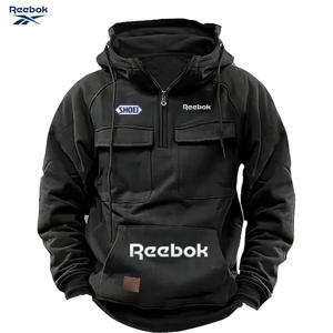 Reebok 남성용 근육 스포츠 작업복 스타일 가을/겨울 새로운 패션 솔리드 컬러 멀티 포켓 긴팔 후드 티셔츠