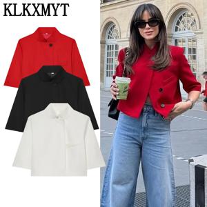 KLKXMYT 여성용 크롭 블레이저 봄 신작 여성 코트 원버튼 하프 슬리브 탑 레이디 숄더 패드 스트리트 아우터웨어 ﻿