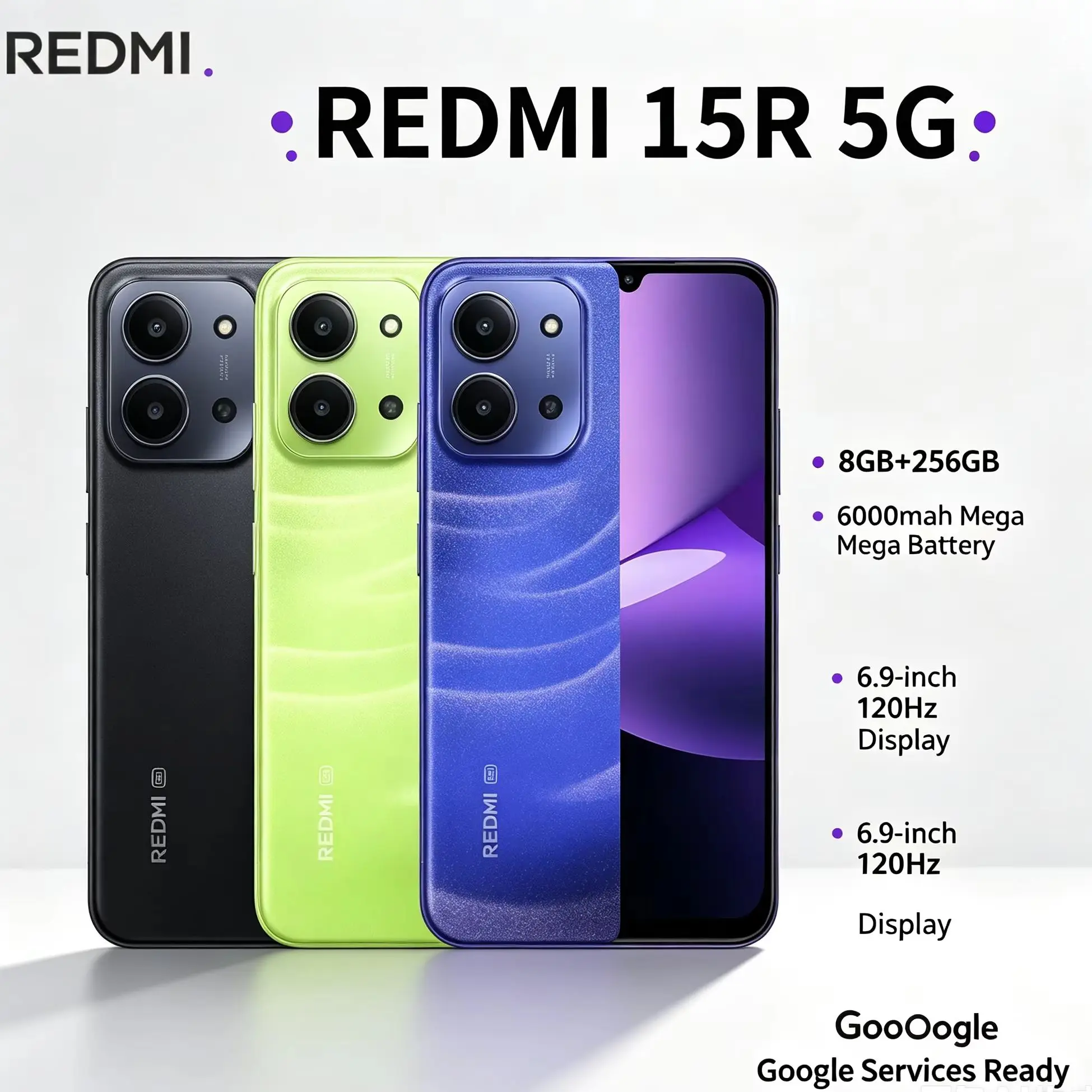 2026 신형 레드미 15R 8+256GB 휴대폰 - 언락 듀얼심 6.9인치 LCD+ 디멘시티 6300 13MP 카메라 6000mAh 배터리
