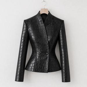 여성용 크로커다일 PU 가죽 재킷 스탠드 칼라 더블 브레스티드 슬림 페플럼 블레이저 오피스 숏 아우터웨어 블랙