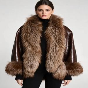 LIMO 여성용 크록스 스타일 인조 가죽 재킷, 큼지막한 인조 모피 칼라와 커프스, 앞이 트인 디자인의 겨울 코트