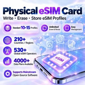 eSIM 물리 카드, 10~15개 프로필 지원, 오픈 소스 EUICC 어댑터, 무제한 삭제 및 재기록 가능, 안드로이드폰 및 PC 리더기 호환, 다중 프로필 저장.