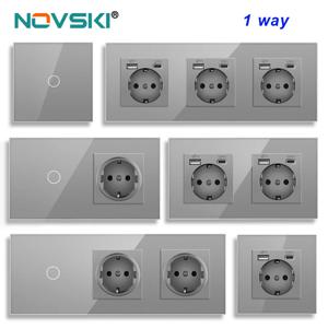 NOVSKI 1/2/3갱 터치 스위치 1웨이 라이트 스위치 EU 벽면 소켓 USB 타입-C 전원 콘센트 유리 패널 그레이