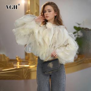 VGH 솔리드 패치워크 레이스업 불규칙 블라우스 여성용, 라운드넥 긴팔 스플라이스 프릴, 캐주얼 풀오버 셔츠