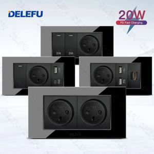 DELEFU 유리 SC70 패널 145mm 검정색 이스라엘 표준 USB C 형 고속 충전 벽 소켓 스위치 TV 전화 CAT5 CAT6