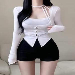 51STUDIO 퓨어 디자이어 섹시 슬림핏 가디건 세트 (넥 스트랩, 가슴까지 드러나는 디자인, 유행하는 여성 앙상블)