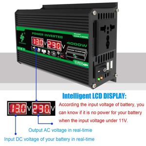 4000W 태양광 인버터 휴대용 파워뱅크 DC 12V에서 AC 110/220V로 변환 듀얼 USB LCD 디스플레이 차량용 컨버터 캠핑 RV용 범용 플러그