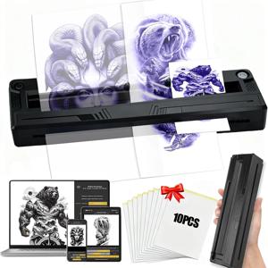 무선 타투 프린터 블루투스 타투 스텐실 열전사 기계 (10매 전사지 포함, 스마트폰 및 PC 호환)