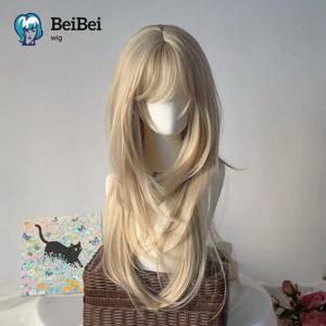 밀크티 그레이-골드 앞머리 있는 롱 스트레이트 헤어 가발 여성용 핫걸 헤어밴드 가발 데일리용/코스프레용 합성 가발