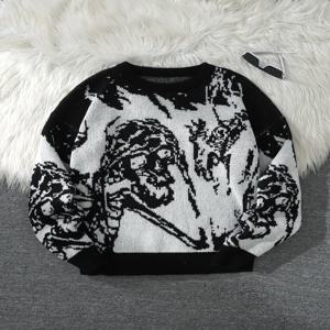 가을/겨울용 추상적인 디자인의 헬스틱 해골 무늬가 들어간 양면 자카드 니트 스웨터, 캐주얼한 크루넥 스타일, 남성용, 일상복으로 적합, 남녀 공용 아우터