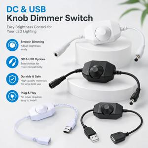 DC5V-24V LED 노브 디머 스위치 로터리 ON/OFF 조광 가능 USB 암-수 연장 코드 LED 스트립 화이트/블랙 컨트롤러용