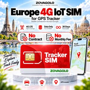 유럽 4G IoT SIM 카드 (GPS 추적기용). IoT M2M, 30일 데이터 사용 가능, 데이터 갱신 가능, 로밍 지원, 차량/애완동물 추적기, GPS 위치 추적기, ZOVAGOLO.