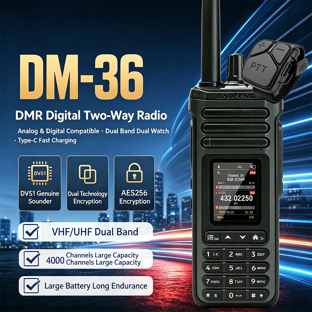 BAOFENG DM-36, PPT 링이 장착된 DMR 디지털/아날로그 듀얼 모드 휴대용 무전기, 원터치 스캔 및 블루투스 프로그래밍 기능으로 여행에 적합