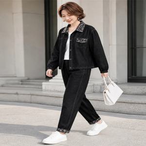 캐주얼맘룩 가을 40~60세 여성용 데님풍 중년&노년 세트 플러스사이즈 봄가을 투피스 수트 50세