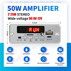 블루투스 5.0 MP3 디코더 보드, 무선 음악 플레이어 오디오 모듈, USB TF AUX FM 라디오, 스피커용 핸즈프리, 50W 앰프, 12V
