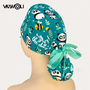 귀여운 팬더 프린트 의료용 모자 조절 가능한 작업용 모자 포니테일 홀더 타이백 모자 여성용 긴 머리용 스크럽 모자