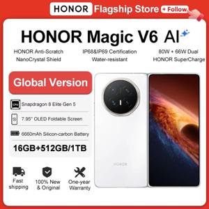 HONOR 매직 V6 글로벌 버전, 5G 지원 폴더블 스마트폰, 7.95인치 120Hz 디스플레이, 스냅드래곤 8 엘리트 Gen 5 프로세서, 6660mAh 배터리, 80W 초고속 충전.