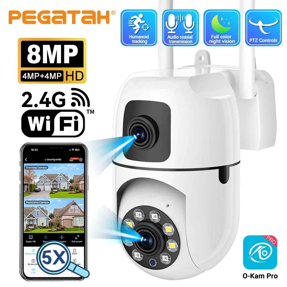 8MP 무선 WIFI 비디오 감시 카메라 듀얼 렌즈 듀얼 스크린 5MP IP PTZ 보안 카메라 자동 추적 컬러 야간 투시경