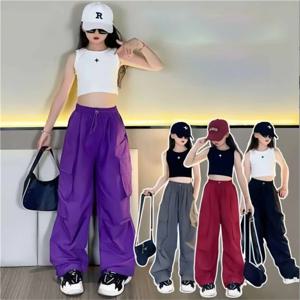 여아 카고 팬츠 키즈 단색 스웨트팬츠 아동 빈티지 스트릿웨어 힙합 바지 신상 십대 캐주얼 배기 팬츠 5-14세