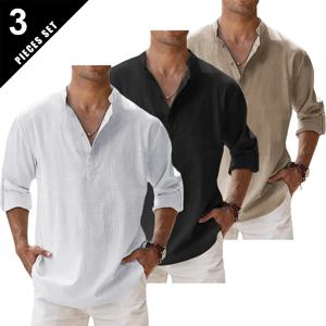 3pcs 남성용 코튼 린넨 헨리 셔츠 긴 소매 경량 통기성 솔리드 컬러 캐주얼 버튼 탑 남성 캐주얼 티셔츠
