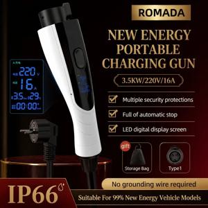 3.5KW 휴대용 EV 충전기 타입 1 J1772 EU 플러그, 3-10M 케이블, IP66 방수 및 디스플레이 화면 포함, 안전하고 빠른 충전 16A 지원