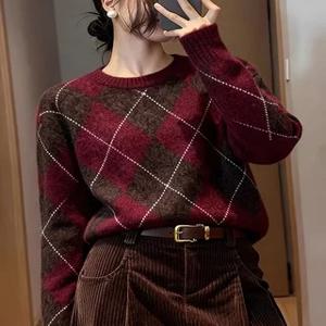 가을/겨울용, 다양한 사이즈로 출시되는 편안하고 부드러운 니트 소재의 컬러 블록 다이아몬드 격자 무늬 라운드넥 스웨터