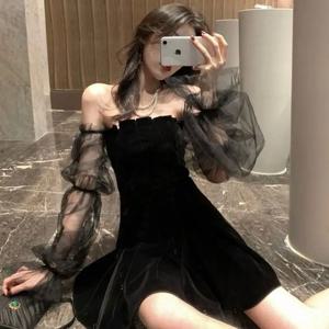 새로운 스타일의 블랙 레트로 드레스, 여성용 레이스 시폰 미니 드레스, 여성용 하이 스트리트 스타일 섹시한 한국 패션 클럽 드레스