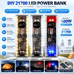 납땜 불필요 8×21700 배터리 팩 케이스, PD 100W, 투명 아크릴 외장, DC3.3~24V 전압 조절 가능, LED SOS 신호등, DIY 배터리 케이스