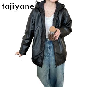 타지야네(TAJIYANE) 최고급 소가죽 소재의 정품 가죽 재킷, 탈부착 가능한 다운 안감, 가죽 소재의 다운 코트, 검은색 후드형 패딩 재킷, 여성용