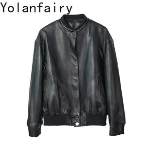 욜란페어리(YOLANFAIRY) 고품질 오일 왁스 처리된 양가죽 코트, 스탠드 칼라, 봄/가을용, 100% 천연 가죽 재킷, 여성용, 짧은 길이