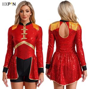 여성 마술사 바디 슈트 스팽글 Ringmaster 서커스 드러머 할로윈 카니발 코스프레 의상 긴 소매 프린지 Epaulet 바디 슈트