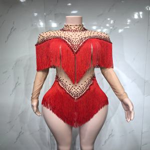 여성을위한 라인 석 Tassels BodysuitSexy Mesh Performance 댄스 의상 DancerStage Wear 나이트 클럽 복장 D225