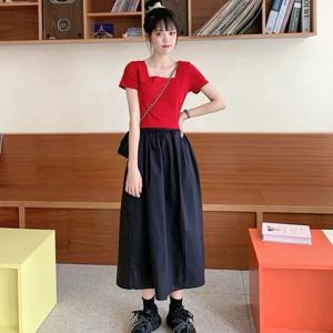 한국 스타일의 우아한 솔리드 코튼 스커트 5XL 6XL 플러스 사이즈 봄 여성 스트리트웨어 레드 블랙 하이웨이스트 스쿨 스커트 여름 스커트