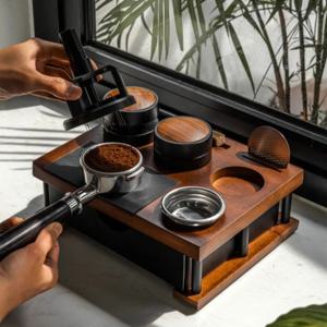 51-58mm 나무 커피 탬퍼 스테이션 스탠드, 노크 박스 포함, 포터필터 탬퍼 디스트리뷰터 및 퍽 스크린용 커피 정리함