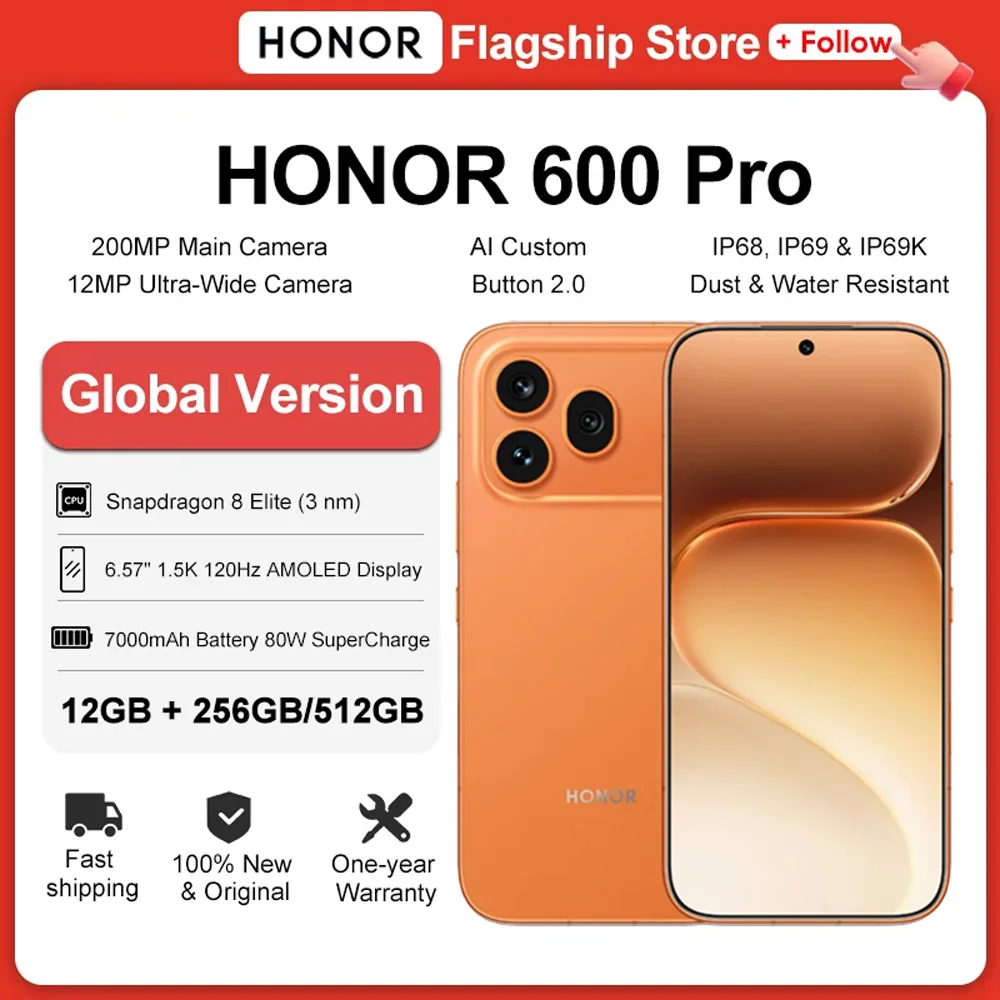 HONOR 600 Pro 글로벌 버전 5G 스마트폰, 스냅드래곤 8 엘리트 프로세서, 6.57인치 120Hz AMOLED 디스플레이, 200MP 카메라, 7000mAh 배터리, 80W 초고속 충전, eSIM 지원